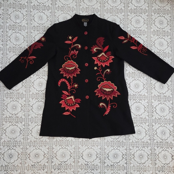 Vintage Alex Kim Black Jacket with Red Floral Embroidery Size Large - Picture 5 of 10